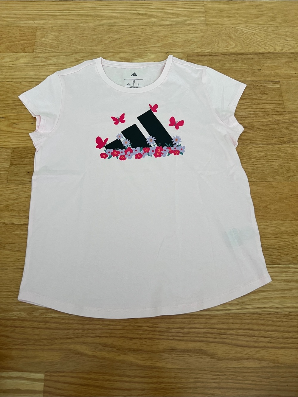 adidas Light Pink Short Sleeve Tee with Black Logo & Pink Floral Accents